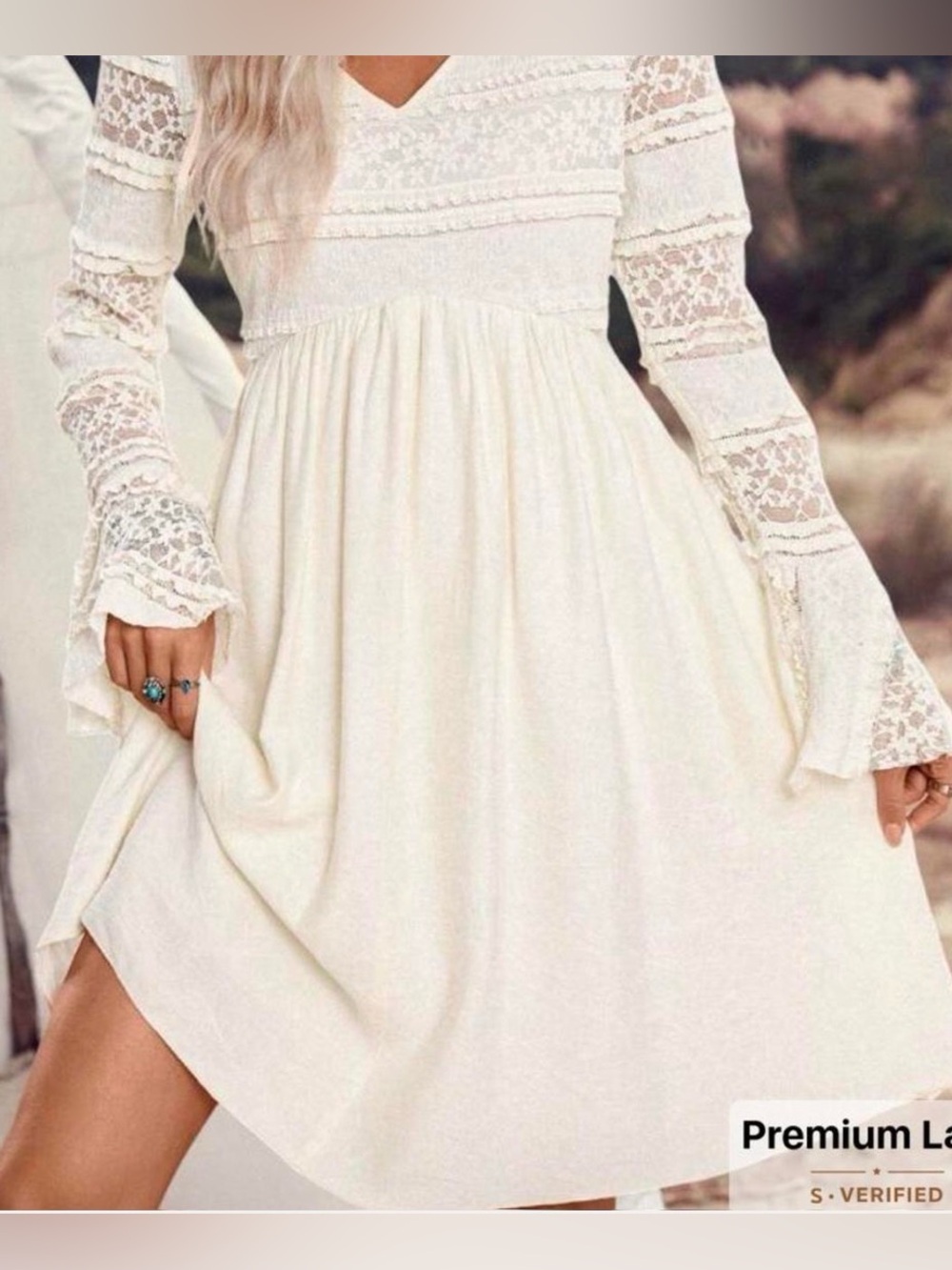 SHEIN Ivory Cream Lace bell Long Sleeve V-Neck Dress size small Casual Formal